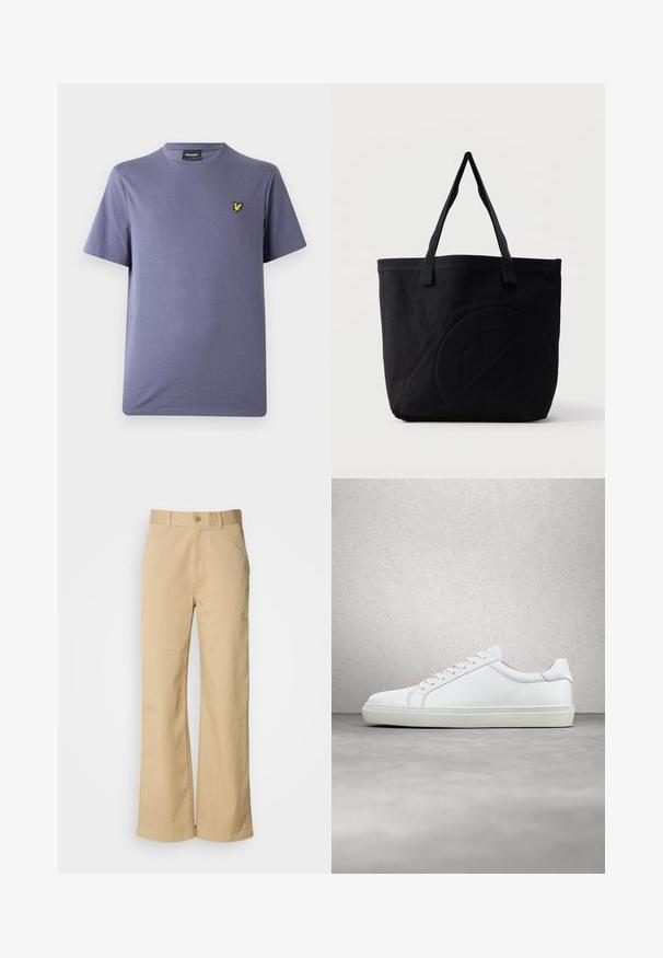 T-shirt en coton violet avec un col rond, des manches courtes et un petit logo brodé jaune sur la poitrine. Texture lisse.; Pantalon large beige en mélange coton. Fermeture par bouton et passants de ceinture. Texture lisse, avec des détails de couture minimaux.; Sneaker blanche avec une tige en cuir lisse et un profil bas. Présente un bout arrondi, six œillets et une semelle en caoutchouc texturé.; Sac fourre-tout en toile noire avec deux bandoulières et un motif circulaire discret en relief sur le devant.