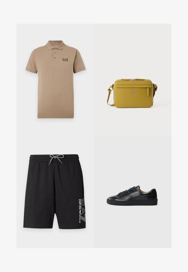 Polo beige en coton, avec une patte de trois boutons et un petit logo EA7 noir sur le côté gauche de la poitrine. Manches courtes.; Shorts de bain noirs en tissu doux, dotés d'une taille élastique avec cordon de serrage, de poches latérales et d'un logo blanc imprimé sur une jambe.; Baskets en cuir noir avec une texture lisse, bout rond et fermeture à lacets. Comprend une semelle en caoutchouc épaisse et un minimum de détails de marque.; Petit sac bandoulière rectangulaire jaune moutarde avec poche zippée à l'avant et emblème logo argenté centré sur le panneau avant.