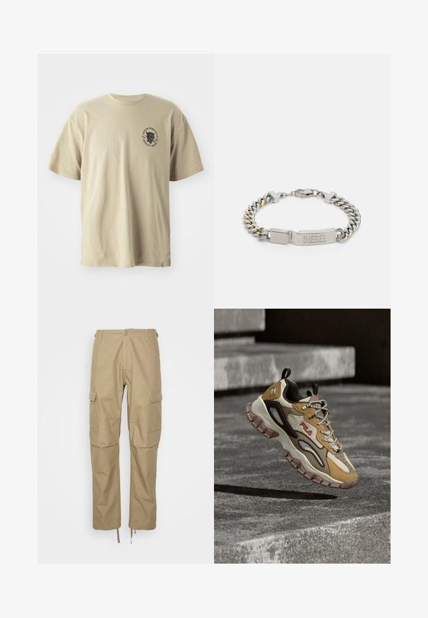 Beige puuvillatee-shirt ümmarguse kaelusega ja lühikeste varrukatega. Vasakul rinnal on must graafikaprint tekstiga ja kujundusega.; Khaki-housut, jotka on valmistettu kevyestä kankaasta, sisältävät useita sivutaskuja, rentoa istuvuutta ja säädettävät nyörikahvat helmassa.; Paksupohjainen FILA-tennari, jossa on beigejä, ruskeita ja kermanvärisiä paneeleja, paksu kestävä pohja, kuvioidut kengännauhat ja vetokahvat, roikkuu teksturoitujen betonisten portaiden yläpuolella.; Hopeaketju hopeasta, jossa yhdistyvät sileät ja tekstuurilla varustetut lenkit. Varustettu tunnistettavalla kaiverretulla lukolla. Sisältää kultaisia yksityiskohtia.
