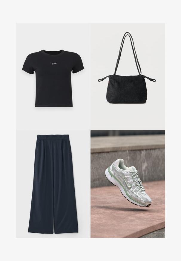Čierne tričko s krátkym rukávom vyrobené z bavlny s okrúhlym výstrihom. Obsahuje biele logo Nike na hrudi, minimalistický dizajn a priliehavý strih.; Tmavomodré nohavice s širokými nohavicami vyrobené z mäkkej tkaniny; obsahujú elastický pás a dve bočné vrecká pre pohodlie.; Biela a svetlozelená teniska Nike vo vzduchu nad kamenným povrchom s rozostreným sivým kamenným pozadím.; Čierna džínová taška cez rameno s dvoma úzkymi šnúrovými popruhmi a uzlíkmi na každej strane na jednoduchom bielom pozadí.