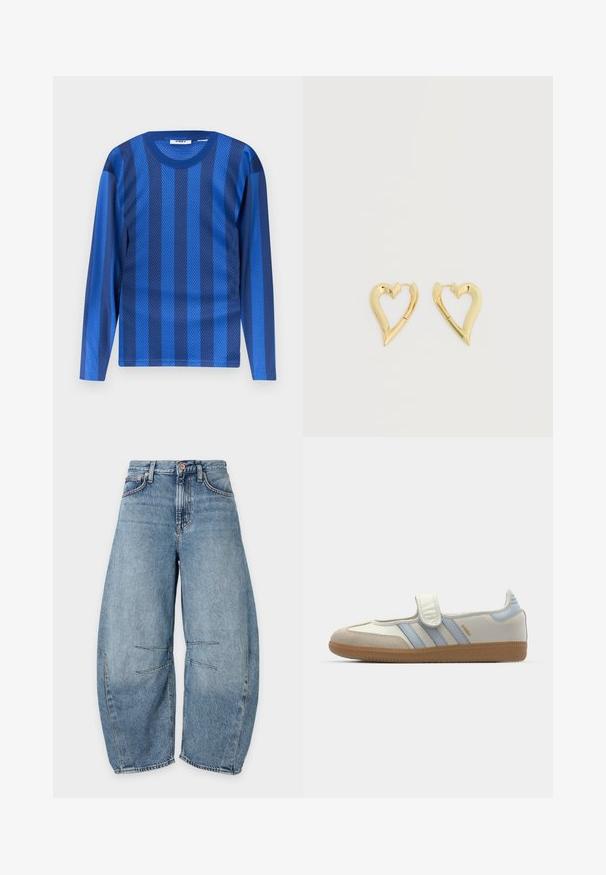 Chemise à manches longues bleu avec des rayures verticales alternant entre foncé et clair, fabriquée en tissu en maille respirant.; Jean en denim bleu clair à jambe large, taille haute, poches avant, fermeture à bouton et surpiqûres décoratives sur les genoux à l’avant.; adidas Originals SAMBA JANE BALLERINA - Babies - cloud white/halo blue; Paire de boucles d'oreilles en forme de cœur ouvert en ton or sur fond blanc uni.