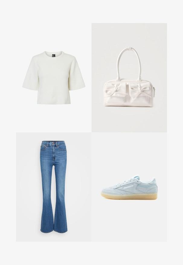 Witte, korte mouwen top met een gestructureerd, geribbeld patroon en een ronde halslijn. Gemaakt van een zachte stof. Cropped lengte.; Flared blauwe denim jeans met een hoge taille, voorzien van gestikte zakken, metalen knoop en een soepele textuur. Klassiek vijf-pocket ontwerp.; Lichtblauwe suède lage sneaker met witte veters en een rubberen zool, recht zijaanzicht op een effen witte achtergrond.; Witte synthetische handtas met twee voorzakken, elk voorzien van een gebonden strikdetail. Soepele textuur, afgeronde handgrepen en een ritssluiting.