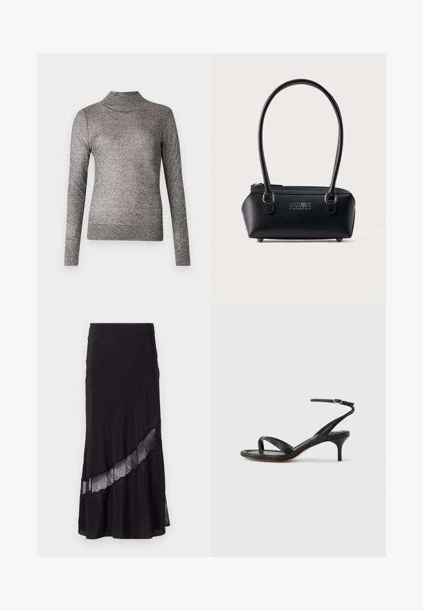 Grijze turtleneck trui met lange mouwen, gemaakt van een glinsterende brei-stof. Beschikt over een aansluitend ontwerp en een geribbelde kraag.; Zwarte rok van gladde stof, met een kantinzet diagonaal over de zoom. Uitlopende ontwerp met een subtiele glans.; Zwarte leren dames sandaal met dunne bandjes, een teengreep, een enkelgesp en een stilettohak van gemiddelde hoogte op een neutrale achtergrond.; Zwarte rechthoekige leren handtas met dubbele afgeronde handvatten, ritssluiting aan de bovenkant en wit numeriek logo gecentreerd op de voorkant.