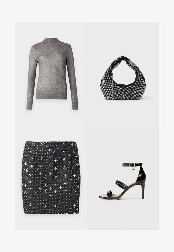 Grå turtleneck sweater med lange ærmer, lavet af et glitrende strikket stof. Har et tætsiddende design og en ribbet krave.; Sort mini nederdel dækket af små sølvfarvede pailletter arrangeret i blomstermønstre på tekstureret stof.; Sorte patenterede lædersandaler med tre stropper, ankelspænde og 10 cm stiletthæl. Har detaljer i guld og et logo charms.; Sort mesh håndtaske prydet med sølvnitter, udstyret med et buet håndtag og en kædetraspe. Blød tekstur med en rund form.