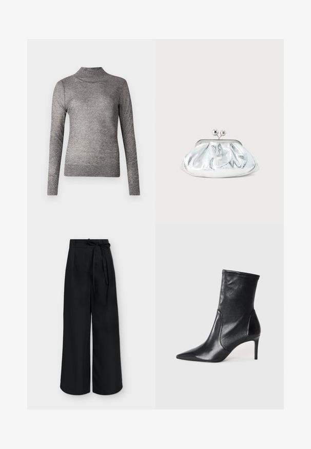 Grå turtleneck sweater med lange ærmer, lavet af et glitrende strikket stof. Har et tætsiddende design og en ribbet krave.; Sorte vidde bukser med høj talje og stofbælte bundet i en sløjfe ved taljen, vist mod en ensfarvet baggrund.; Sorte ankelstøvler lavet af glat læder, med spids tå, tætsiddende skaft og en slank høj hæl. Minimalistisk design uden synligt hardware.; Lille sølvfarvet metallisk clutch-pung med rundet, rynket design og lukning med to sølvkugler.