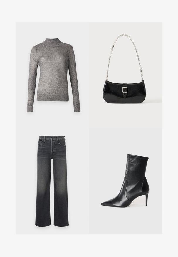 Grå turtleneck sweater med lange ærmer, lavet af et glitrende strikket stof. Har et tætsiddende design og en ribbet krave.; Breddebenede jeans i mørkegrå denim med en subtil falmet effekt. Klassisk fem-lomme design med bæltestropper og synlig syning.; Sorte ankelstøvler lavet af glat læder, med spids tå, tætsiddende skaft og en slank høj hæl. Minimalistisk design uden synligt hardware.; Sort skuldertaske i laklæder med sølv spænde og sølv kæderem, vist mod en ensartet lys baggrund.