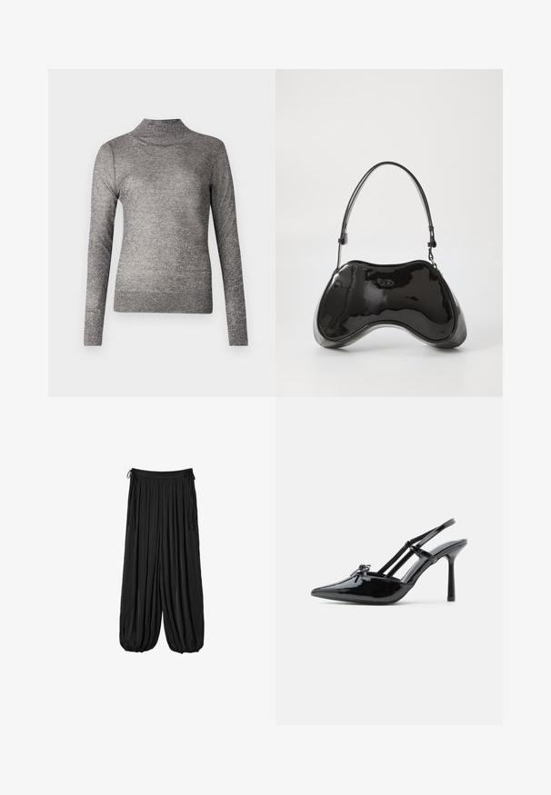Suéter gris de cuello vuelto con mangas largas, elaborado en un tejido de punto brillante. Presenta un diseño ajustado y un cuello acanalado.; Pantalones negros sueltos con puños elásticos recogidos y lazos en la cintura, hechos de tela ligera y fluida.; Zapato tipo slingback de charol negro con tacón alto, punta puntiaguda, tacón delgado y doble tira cruzando el empeine.; Bolso de mano de piel sintética negra con un diseño curvado único, asas cortas y ajustables, y abertura con cremallera en la parte superior. Textura suave con una sutil marca.