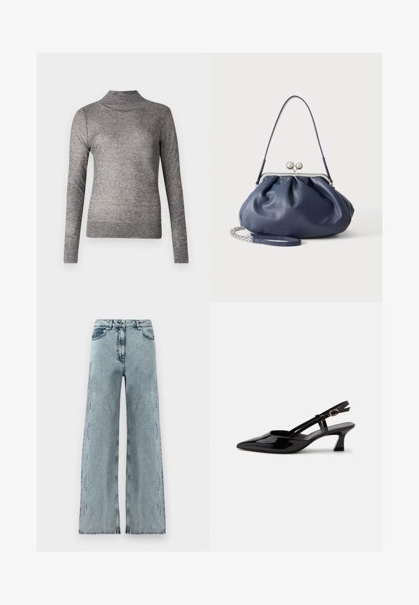 Grå turtleneck sweater med lange ærmer, lavet af et glitrende strikket stof. Har et tætsiddende design og en ribbet krave.; Lyseblå vidde jeans lavet af denim, med høj talje, subtil slitage og en løs pasform med lige ben.; Sort laklæderslingback med lille hæl, spids tå og justerbar guldlåsrem på hvid baggrund.; Blød navyblå læderhåndtaske med sølv lukning, enkelt skulderrem og aftagelig kæde til håndleddet på hvid baggrund.