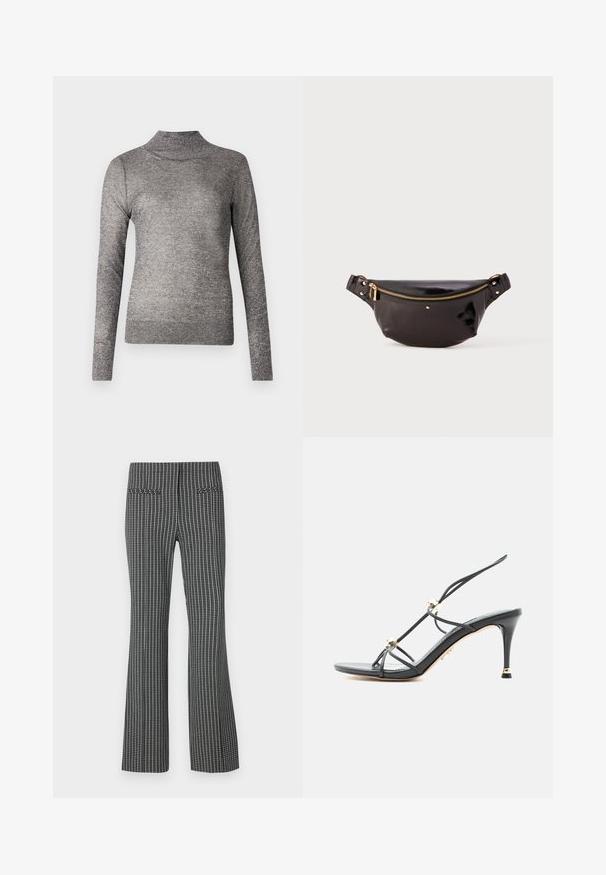 Grå turtleneck sweater med lange ærmer, lavet af et glitrende strikket stof. Har et tætsiddende design og en ribbet krave.; Sorte og hvide ternede bukser, design med udvidede ben, der har to baglommer og tekstiler med synlig gittermønster.; Sort højhælet sandal med tynde stropper og guldbelagte perle dekorationer på en spids stilettohæl.; Sort, blank, læder bæltetaske med et buet design, guld lynlås accent, justerbar strop og små dekorative hardware.