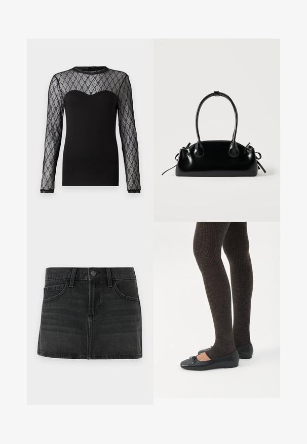 Top negro de manga larga con un yugo de malla transparente de patrón con formas de diamante. Tejido suave debajo del yugo con un escote en forma de ondas.; Falda de mezclilla negra con un diseño ajustado, cinco bolsillos y una cinturilla. Presenta un cierre de botón metálico y un leve detalle de desvanecimiento.; Piernas con leggings oscuros acanalados combinados con bailarinas negras que presentan pequeños detalles de lazo sobre un fondo blanco.; Pequeño bolso negro brillante con dos asas largas y detalles de cordón lateral sobre un fondo claro liso.
