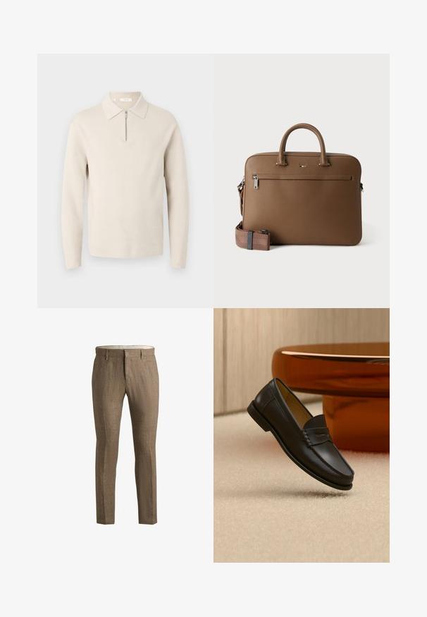 Beige langærmet sweater med krave og en kort lynlås foran, vist på hvid baggrund.; Brune hørbukser med en struktureret overflade. Har en klassisk pasform, sidelommer og en diskret frontlukning.; Sort læder loafer-sko hængende over beige tæppe med ravfarvet moderne møblement i baggrunden.; Brun lædermappe med top håndtag, lomme foran med lynlås og aftagelig matchende skulderrem på hvid baggrund.