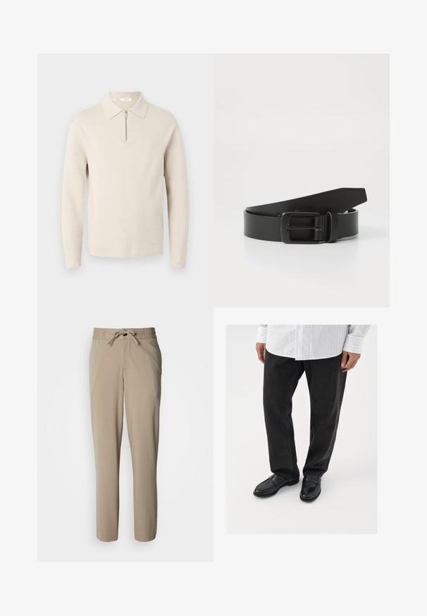 Beige langærmet sweater med krave og en kort lynlås foran, vist på hvid baggrund.; Beige bukser lavet af et blødt stof, med snøre i taljen og en afslappet pasform, med lige ben og ingen synlige lommer.; Sorte denimbukser parret med skinnende sorte loafers. Skjorten er hvid med tynde lodrette striber, har lange ærmer og en knapkrave.; Sort læderbælte med spænde i mat sort metal, der har en glat tekstur og enkelt design. Justerbar længde med en tilspidset ende.