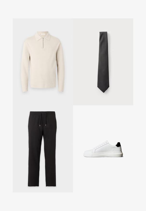 Beige langærmet sweater med krave og en kort lynlås foran, vist på hvid baggrund.; Sorte afslappede bukser med elastisk talje og snøre, lige ben design, vist fladt på en lys baggrund.; Hvide lædersneakers med sort hælkappe, flade snørebånd, rundet tå og en ribbet gummisål for godt greb.; Calvin Klein SLIDELL SOLID - Slips - black