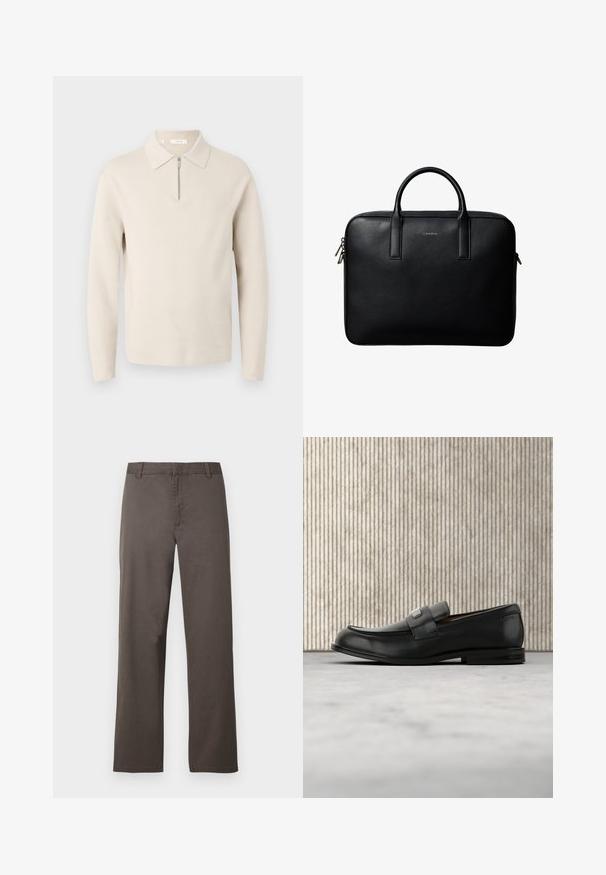 Pull beige à manches longues avec un col et une courte fermeture éclair à l’avant, présenté sur un fond blanc.; Pantalon en coton marron avec une coupe droite, doté de passants de ceinture et une texture lisse. Aucun motif visible ni détail de quincaillerie.; Mocassin en cuir noir avec une plaque de marque en métal reposant près d'une table ronde marron sur un sol recouvert de moquette beige.; Mallette en cuir noir texturé avec double poignées et tirettes de fermeture éclair argentées, centrée sur fond blanc.