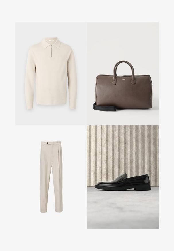 Beige langærmet sweater med krave og en kort lynlås foran, vist på hvid baggrund.; Beige skræddersyede bukser med lige ben-design, der har frontplisseringer, knaplukning og en glat tekstur.; Sort poleret læderloafer flydende over beige tæppe med orange gennemsigtigt møbel i baggrunden.; Brun læder duffel taske med to håndtag, en sort justerbar skulderrem og et lille "BOSS" logo på fronten i midten.