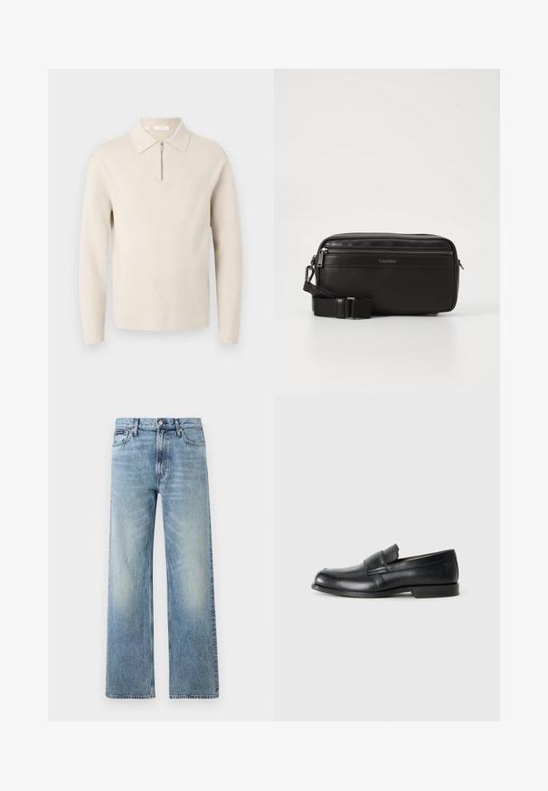 Beige langærmet sweater med krave og en kort lynlås foran, vist på hvid baggrund.; Lyseblå denim jeans med lige ben, højt talje, fem lommer, knaplukning og diskrete falmede områder på lår og knæ.; Sorte læder loafers med rund tå, syet detaljer og en flad gummisål. Har en bred rem over vristen.; Sort læder crossover taske med en lynlåslomme, tekstureret overflade, justerbar rem og Calvin Klein-branding på forsiden.