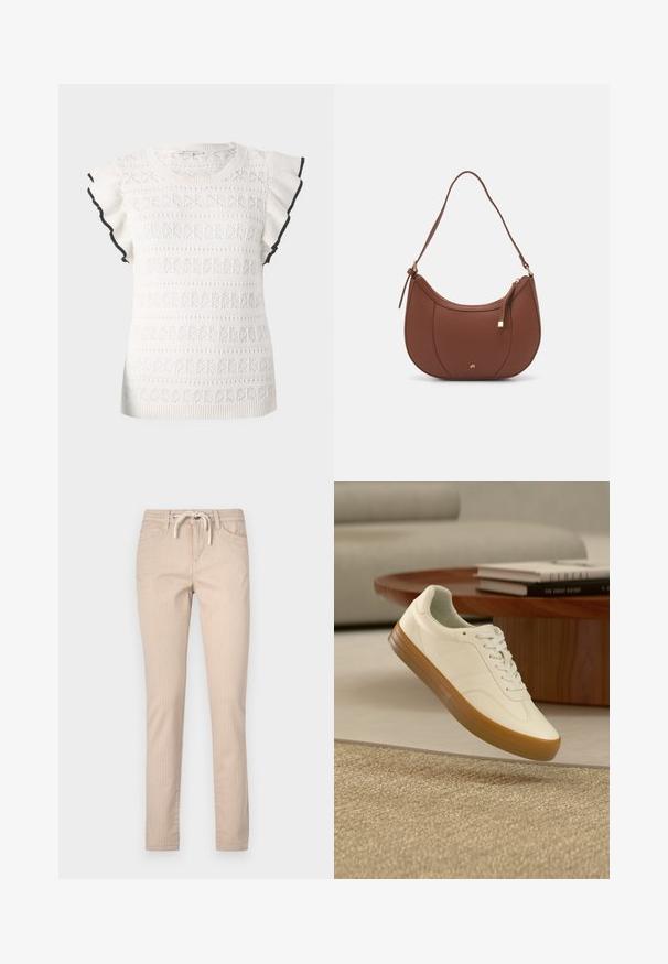 Hvid strikket top med et tekstureret mønster og flæseærmer. Accentueret med en sort kant langs ærmet.; Beige stribede bomuldsbukser med elastisk talje, tapered ben og to forlommer. Glat tekstur, afslappet design.; Hvid sneaker med gummisål svæver over beige tæppe i stuen med træbord og stablede bøger i baggrunden.; Brun faux læder skuldertaske med buet form, minimal syning og en guldtonet hardwaredetalje. Har en top lynlåslukning og justerbar rem.