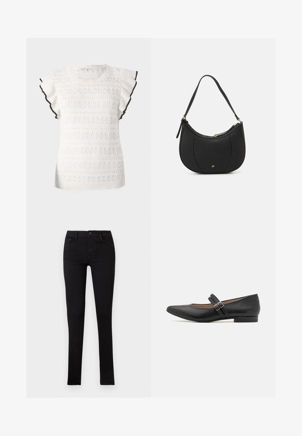 Hvid strikket top med et tekstureret mønster og flæseærmer. Accentueret med en sort kant langs ærmet.; Sorte denim skinny jeans med lav talje, forlommer og knaplukning. Har en glat tekstur og minimalistisk design.; Sort læder Mary Jane-sko med spids tå, to remspænder, lav hæl og glat tekstur. Designet til et formelt udseende.; Sort læderhåndtaske med en buet form, struktureret overflade, forreste syninger og et logo i guldfarve. Har en enkelt justerbar rem.
