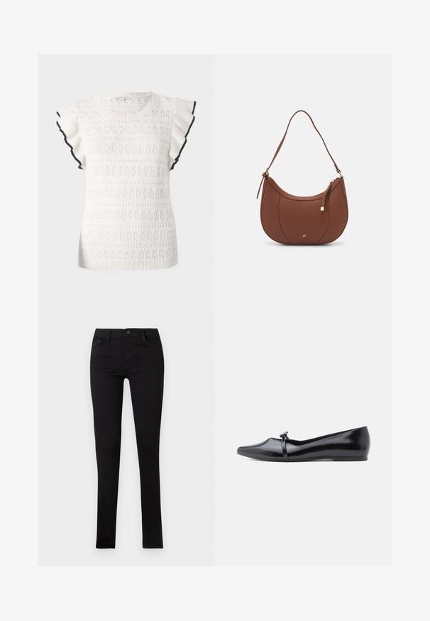 Hvid strikket top med et tekstureret mønster og flæseærmer. Accentueret med en sort kant langs ærmet.; Sorte denim skinny jeans med lav talje, forlommer og knaplukning. Har en glat tekstur og minimalistisk design.; Sort laklæderballerina med spids tå, dekorativ rem og glat tekstur. Minimalistisk design uden synlige detaljer.; Brun faux læder skuldertaske med buet form, minimal syning og en guldtonet hardwaredetalje. Har en top lynlåslukning og justerbar rem.
