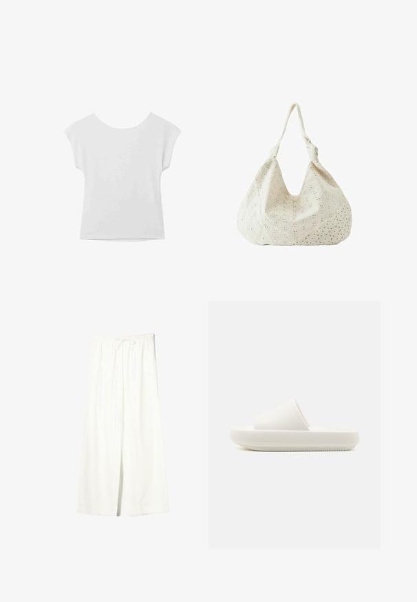Haut blanc à manches courtes avec un col rond et une coupe décontractée. Fabriqué à partir d'un tissu lisse, présentant une texture subtile et des lignes épurées.; Pantalon en lin blanc à jambes larges avec taille élastique et cordon de serrage, doté de poches latérales et d'une fente à l'avant.; Sandale blanche à semelle plate avec une sangle texturée et une semelle ronde et surélevée. Le matériau semble lisse et durable avec un motif subtil.; Sac à épaule en tissu couleur crème avec broderie florale à œillets et une seule bandoulière souple.