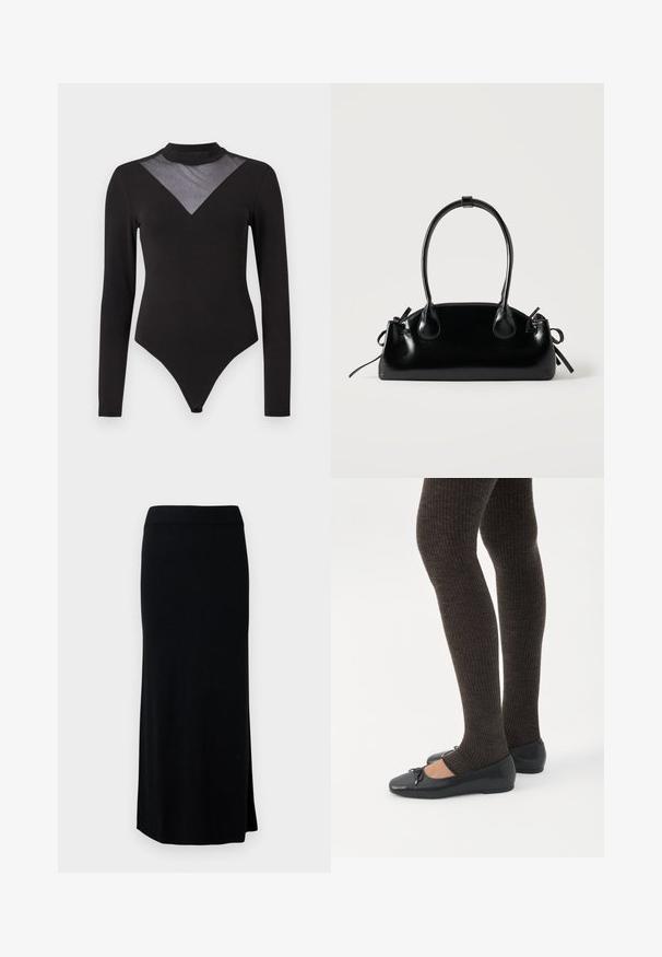 Sort langærmet bodysuit med høj hals og gennemsigtig mesh V-formet panel prydet med små glitrende detaljer på brystet.; Sort, lang, strikket nederdel med en sideslids. Har en strækbar talje og en glat tekstur. Enkel, tætsiddende design. Ingen synlige mønstre eller detaljer.; Ben iført mørke ribbede leggings kombineret med sorte balletsko med små sløjfedetaljer på hvid baggrund.; Lille sort blank håndtaske med to lange håndtag og snøre-detaljer i siden på en ensfarvet lys baggrund.