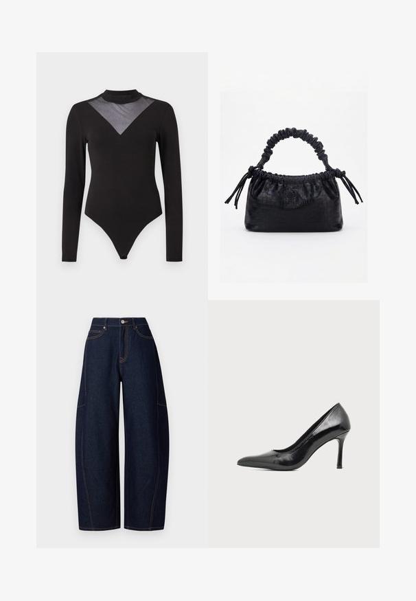 Sort langærmet bodysuit med høj hals og gennemsigtig mesh V-formet panel prydet med små glitrende detaljer på brystet.; Bredde ben mørkeblå denimbukser med kontrasterende orangetråd, fem lommer og en knap- og lynlåslukning i taljen.; Sort laklæder damestilet med spids tå og slank hæl på en ensartet lys baggrund.; Sort taske med krokodilletekstur, rynket øverste kant, samlet hank og snore med kvaster på hver side mod en hvid baggrund.