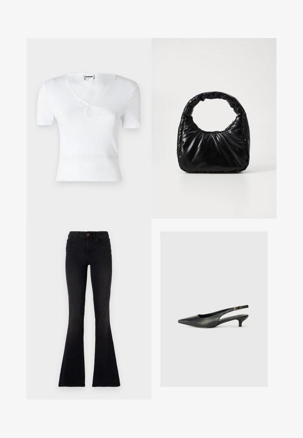 Hvid ribbet kortærmet top med V-hals og en central nøglehulsmulighed. Tæt siddende form, glat tekstur og minimalistisk design.; Sorte flagrende jeans lavet af denim. Høj talje med knaplukning, strømlinet design og udtalt flagrende ben i bunden.; Sorte spidse slingback-sko lavet af glat læder. Har en tynd hæl og en spænde detalje på den justerbare rem.; Sort polstret håndtaske med et rundt håndtag, der har en glat, skinnende overflade og en blød, kviltet tekstur. Ingen synlige hardware eller accenter.
