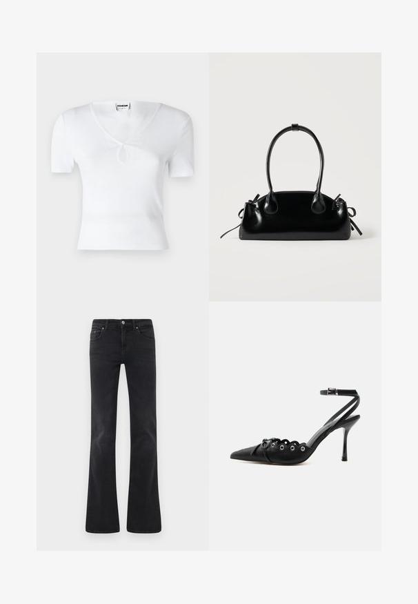 Hvid ribbet kortærmet top med V-hals og en central nøglehulsmulighed. Tæt siddende form, glat tekstur og minimalistisk design.; Sorte flagrende jeans lavet af denim, med et klassisk fem-lomme design, knaplukning og subtile sømdetaljer.; Sort spids hæl med bølgede kanter, metaløjer, snørelukning foran og ankelrem med spænde.; Lille sort blank håndtaske med to lange håndtag og snøre-detaljer i siden på en ensfarvet lys baggrund.