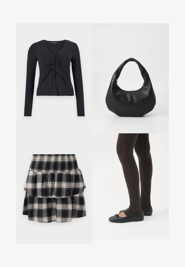Μαύρο crop top με μακριά μανίκια, με συστραμμένο κόμπο και άνοιγμα τύπου keyhole στο μπροστινό μέρος, καθώς και V-λαιμόκοψη.; Μαύρη και λευκή καρό φούστα με πτυχές και ελαστική μέση. Διαθέτει ραμμένα στρώματα και απαλό βαμβακερό υλικό.; Πόδια με σκουρόχρωμα ριμπ κολάν συνδυασμένα με μαύρα μπαλαρίνα παπούτσια με μικρές λεπτομέρειες φιόγκων σε λευκό φόντο.; Μαύρη πλέ woven τσάντα με καμπύλη λαβή, με υφή επιφάνειας και χαλαρή σιλουέτα. Λείο φινίρισμα με οργανική μορφή.