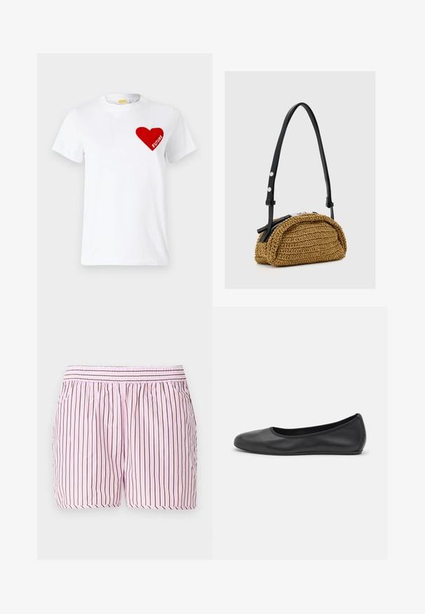 T-shirt en coton blanc avec un graphique en forme de cœur rouge portant le mot "FUTURE" à l'intérieur, manches courtes et design col rond.; Shorts de sommeil en coton avec des rayures verticales roses et brunes, une taille élastique avec smocks et une coupe décontractée pour le confort.; Ballerines en cuir noir avec un bout rond, texture lisse, détails de couture minimalistes et design de semelle flexible.; Petit sac à main tressé couleur fauve avec forme incurvée, bandoulière en cuir noir réglable et fermeture éclair argentée.