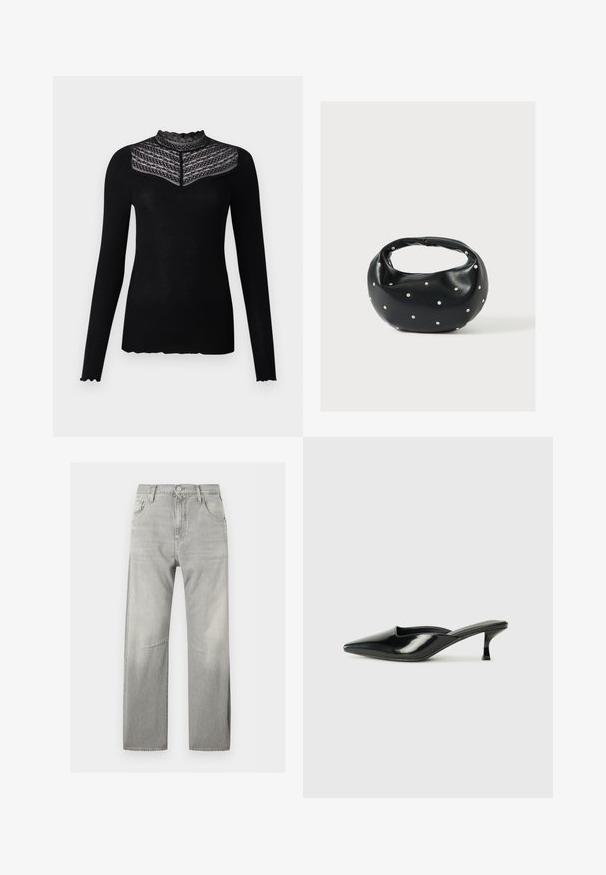 Sort langærmet tætsiddende top med høj blondekrave og blondedragt, der har blomstermønstre og striber.; Lysegrå jeans med lige ben, fem lommer, bæltestropper, knap og lynlås foran, vist fladt på en hvid baggrund.; Sorte patenterede lædermules med spids tå, lav kittenheel og buede sider, der har en glansfuld finish og minimalistisk design.; Sort læderhåndtaske med en rundet form, dekoreret med sølvnitter, og et kort håndtag. Glat tekstur og lynlåslukning.