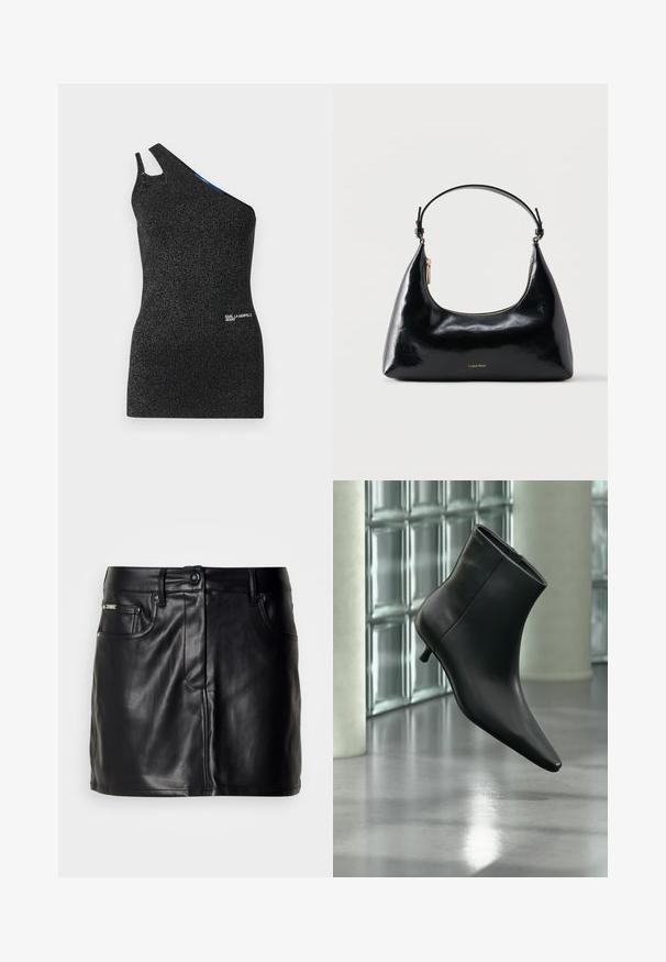 Zwart, off-shoulder top gemaakt van textiel met een gestructureerd weefsel en metalen draden. Heeft een uitsnede bij de schouder en een logo-detail aan de onderkant.; Zwarte leren mini-rok met een op maat gemaakt ontwerp, voorzien van zijzakken, een knoopsluiting en een gladde textuur.; Zwarte leren enkellaars met spits toelopende neus en lage kittenhak, schuin weergegeven tegen een gepolijste vloer en een glazen blokken muur als achtergrond.; Zwarte glanzende Calvin Klein handtas met gouden rits en korte band tegen een effen witte achtergrond.