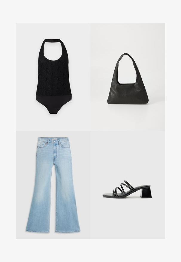 Body noir à col halter avec dentelle florale texturée sur le haut et tissu lisse en bas, présenté à plat sur fond blanc.; Jeans évasés bleu clair à taille haute, en denim. Présentent un design classique à cinq poches et un ourlet brut aux poignets.; Sandale noire à talon avec un bout carré, présentant trois bandes torsadées sur le dessus et un talon carré épais. Matière lisse et brillante.; Sac à main en cuir noir de forme triangulaire, avec une grande poignée découpée et des coutures détaillées le long des bords. Texture lisse.