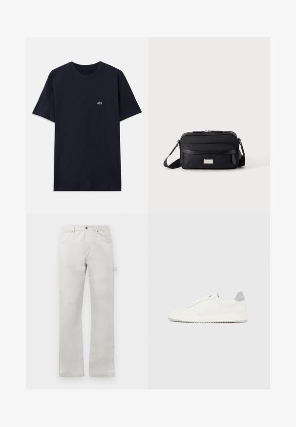 T-shirt en coton bleu marine à manches courtes et col rond. Présente un petit logo blanc "A|X" sur le côté gauche de la poitrine.; Pantalon gris clair à coupe droite, fabriqué en tissu en coton lisse, avec des poches avant et une poche cargo sur le côté.; Baskets basses blanches avec un onglet de talon gris, des lacets blancs et une semelle texturée, présentées sur un fond uni clair.; Sac bandoulière rectangulaire noir avec poche avant zippée, sangle réglable et plaque logo rectangulaire argentée sur fond uni.