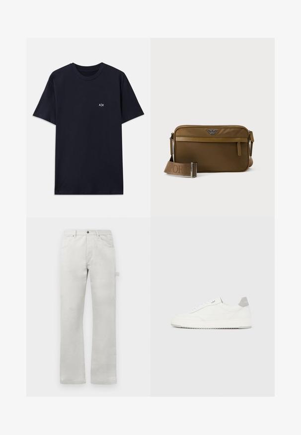 Marineblaue Baumwoll-T-Shirt mit kurzen Ärmeln und Rundhalsausschnitt. Mit einem kleinen weißen "A|X"-Logo auf der linken Brustseite.; Helle graue Hose mit gerader Passform, aus glattem Baumwollstoff gefertigt, mit Eingrifftaschen vorne und einer seitlichen Cargo-Tasche.; Weißer Sneaker mit niedrigem Schaft, grauem Fersenlaschen, weißen Schnürsenkeln und einer strukturierten Sohle, dargestellt vor einem schlichten hellen Hintergrund.; Braune rechteckige Umhängetasche mit vorderer Reißverschlusstasche, verstellbarem Riemen mit Markenprägung und Metall-Logo in der oberen Mitte.
