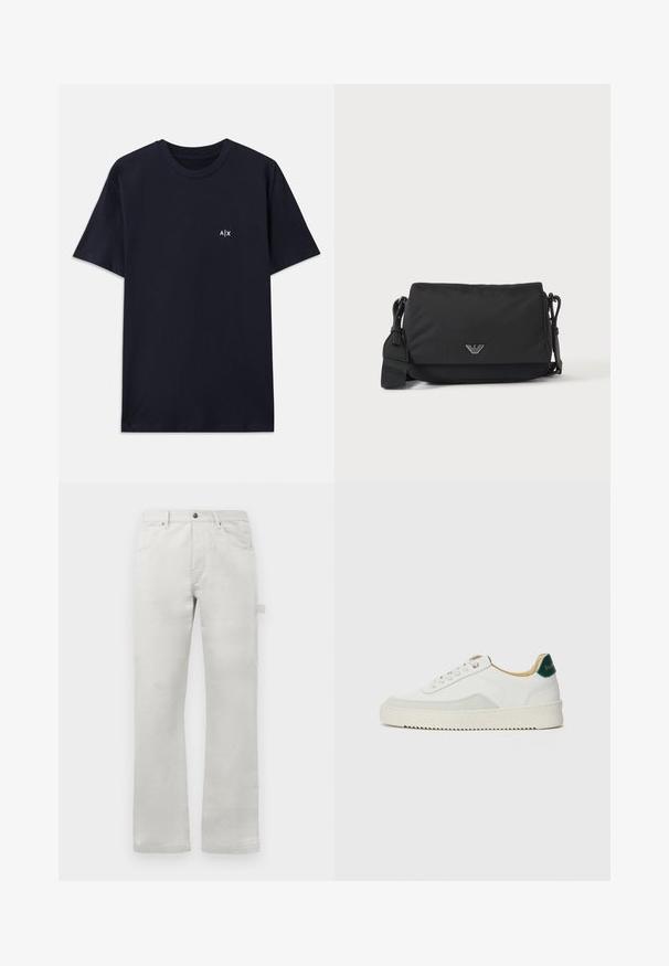 Marineblaue Baumwoll-T-Shirt mit kurzen Ärmeln und Rundhalsausschnitt. Mit einem kleinen weißen "A|X"-Logo auf der linken Brustseite.; Helle graue Hose mit gerader Passform, aus glattem Baumwollstoff gefertigt, mit Eingrifftaschen vorne und einer seitlichen Cargo-Tasche.; Weiße Sneaker mit Wildlederelementen, runder Zehenpartie, flachen Schnürsenkeln und einer cremefarbenen Gummisohle. Mit grünen Markenlogo am Fersenbereich.; Schwarze Umhängetasche mit verstellbarem Riemen und kleinem silbernem Logoemblem auf der Vorderklappe, dargestellt auf einfachem hellem Hintergrund.