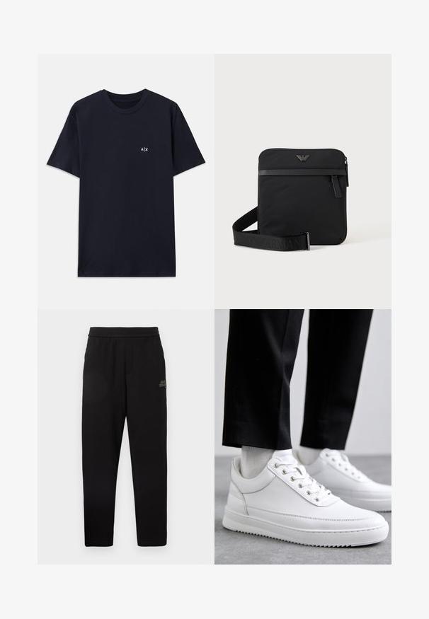 Marineblaue Baumwoll-T-Shirt mit kurzen Ärmeln und Rundhalsausschnitt. Mit einem kleinen weißen "A|X"-Logo auf der linken Brustseite.; Schwarze tapered Sweathosen mit elastischem Bund und kleinem aufgedrucktem Logo am oberen linken Oberschenkel.; Weiße Leder-Sneaker mit flacher Gummisohle, ausgestattet mit einer glatten Oberfläche, runder Zehenpartie und Metallösen für die Schnürsenkel. Getragen mit schwarzen Hosen.; Schwarze quadratische Schultertasche mit Reißverschluss, Vordertasche und verstellbarem Riemen mit eingeprägtem Markennamen.