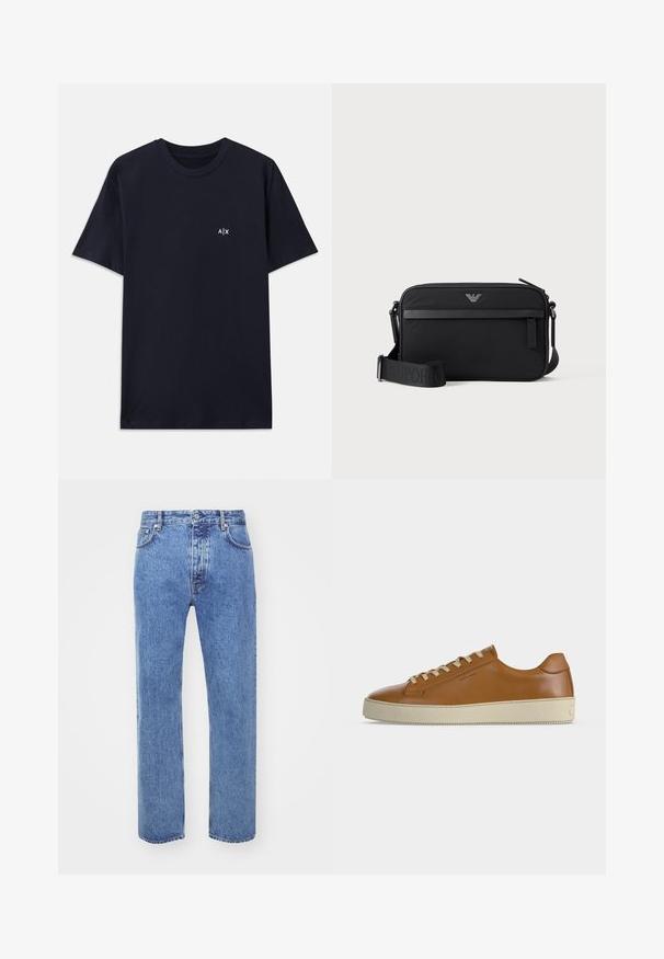 Marineblaue Baumwoll-T-Shirt mit kurzen Ärmeln und Rundhalsausschnitt. Mit einem kleinen weißen "A|X"-Logo auf der linken Brustseite.; Won Hundred STEVE - Jeans Relaxed Fit - cut blue; Brauner Low-Top-Ledersneaker mit cremefarbenen Schnürsenkeln und dicker cremefarbener Gummisohle, seitlich auf weißem Hintergrund dargestellt.; Schwarze rechteckige Umhängetasche mit vorderer Reißverschlusstasche, verstellbarem Schultergurt und kleinem Metalllogo oben in der Mitte.