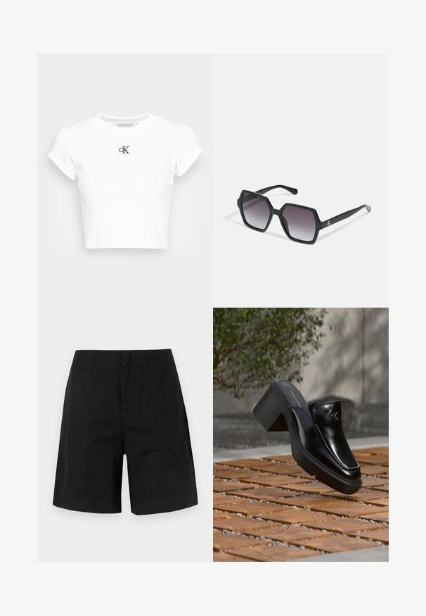 Weißes, kurzes T-Shirt aus geripptem Material. Mit Rundhalsausschnitt und kurzen Ärmeln. Schwarzes, gesticktes "cK"-Logo auf der Brust.; Schwarze, maßgeschneiderte Shorts aus leichtem Stoff, mit einem strukturierten Design und vertikalen Linien sowie einem geraden Saum. Keine sichtbaren Taschen.; Schwarze Leder-Slip-on-Mule von Calvin Klein mit Blockabsatz, die auf Holzfliesen im Freien nahe einer grünen Pflanze und einer grauen Wand ruht.; Schwarze hexagonale Sonnenbrille mit Verlaufsgläsern, glänzender Oberfläche und dezentem Branding am Bügel. Aus langlebigem Kunststoff gefertigt.