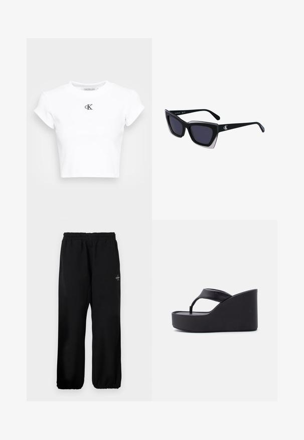 Weißes, kurzes T-Shirt aus geripptem Material. Mit Rundhalsausschnitt und kurzen Ärmeln. Schwarzes, gesticktes "cK"-Logo auf der Brust.; Schwarze Sweatpants mit einem elastischen Bund, weit geschnittenen Beinen und einem kleinen Logodetail auf der linken Seite. Glatte Stoffoberfläche.; Schwarze Keilsandalette mit breitem Zehenriemen und erhöhter Sohle, entworfen für den Freizeitgebrauch.; Schwarze übergroße Sonnenbrille mit geometrischer Form, ausgestattet mit dunklen Gläsern und einem kontrastierenden grauen Detail im Rahmen. Logo am Bügel.