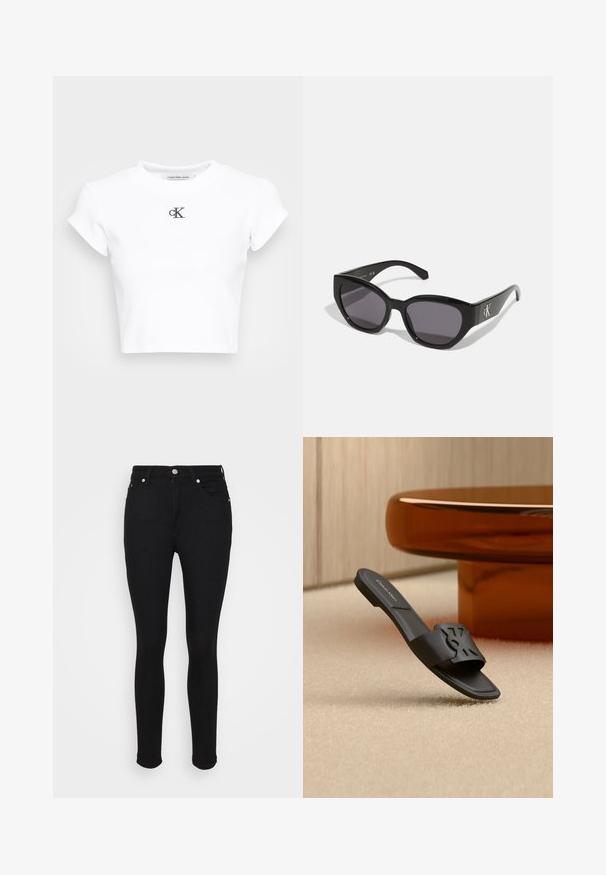 Weißes, kurzes T-Shirt aus geripptem Material. Mit Rundhalsausschnitt und kurzen Ärmeln. Schwarzes, gesticktes "cK"-Logo auf der Brust.; Schwarze, hochgeschnittene Skinny-Jeans mit Frontknopf, Reißverschluss und Fünf-Taschen-Design auf einem flachen weißen Hintergrund dargestellt.; Schwarze Gleit-Sandale mit ausgeschnittenem geometrischem Design auf dem Riemen, Calvin Klein Logo innen, auf beigem Teppich nahe einem braunen modernen Tischbein.; Schwarze Sonnenbrille mit einem schlanken, kantigen Design, dunklen Gläsern und einem kontrastierenden silbernen Logo an der Seite. Glatte Kunststoffoberfläche.