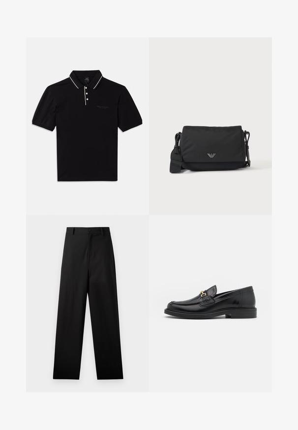 Schwarzes Poloshirt aus Baumwolle mit Kragen, drei Knöpfen, weißen Akzenten und einem dezenten Logo auf der Vorderseite. Kurze Ärmel.; Schwarze Baumwollhosen mit geradem Bein, ausgestattet mit einem vorderen Knopfverschluss und Seiten Taschen. Glatte Textur, keine Muster.; Schwarze Lederleter mit einer abgerundeten Zehenpartie, ausgestattet mit goldenen Hardwareakzenten und Stichdetails, auf einer niedrigen, strukturierten Gummisohle.; Schwarze Umhängetasche mit verstellbarem Riemen und kleinem silbernem Logoemblem auf der Vorderklappe, dargestellt auf einfachem hellem Hintergrund.