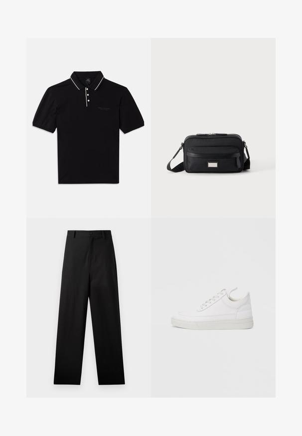 Polo noir en coton avec col, trois boutons, accents blancs et un logo discret sur le devant. Manches courtes.; Pantalons noirs en coton avec une coupe droite, dotés d'une fermeture à bouton à l'avant et de poches latérales. Texture lisse, sans motifs.; Baskets en cuir blanc avec un embout arrondi, une semelle plate et un laçage à l'avant. Présentent des détails de couture et un col rembourré pour plus de confort.; Sac bandoulière rectangulaire noir avec poche avant zippée, sangle réglable et plaque logo rectangulaire argentée sur fond uni.