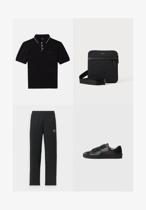 Schwarzes Poloshirt aus Baumwolle mit Kragen, drei Knöpfen, weißen Akzenten und einem dezenten Logo auf der Vorderseite. Kurze Ärmel.; Schwarze Sweatpants mit geradem Bein, elastischem Bund und schwarzem Patch-Logo auf dem oberen linken Oberschenkel.; Schwarze Leder-Sneaker mit glatter Textur, runder Zehenpartie und Schnürverschluss. Verfügt über eine dicke Gummisohle und minimalistische Marken-Details.; Schwarze quadratische Schultertasche mit Reißverschluss, Vordertasche und verstellbarem Riemen mit eingeprägtem Markennamen.