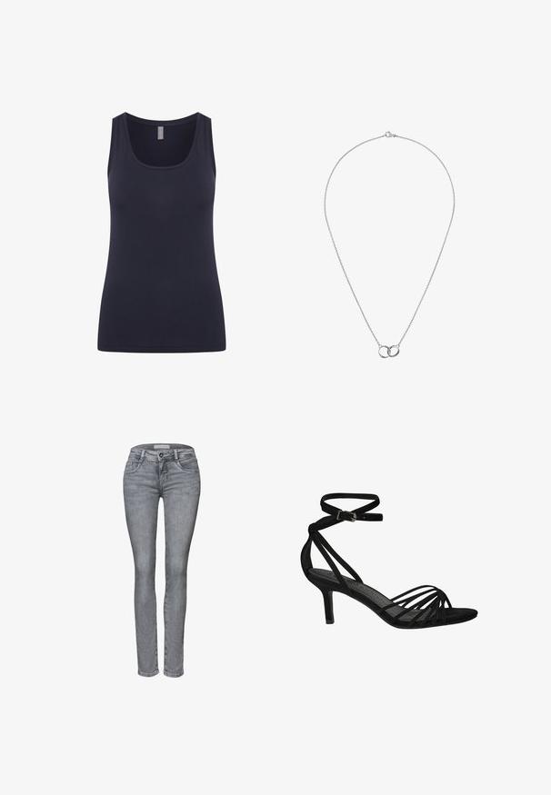 Tirantes de color azul marino con escote redondeado y tirantes anchos, fabricado en tejido suave y elástico. Diseño simple sin patrones ni acentos.; Pantalones vaqueros de mezclilla gris de corte ajustado con bolsillos delanteros, trabillas para cinturón y cierre de botón, mostrados sobre un fondo blanco.; Sandalia negra de tacón alto con tiras, con correa delgada en el tobillo y hebilla, puntera abierta y tacón de aguja bajo, aislada sobre fondo blanco.; Daniel Wellington ELAN UNITY NECKLACES - Collar - silver-coloured