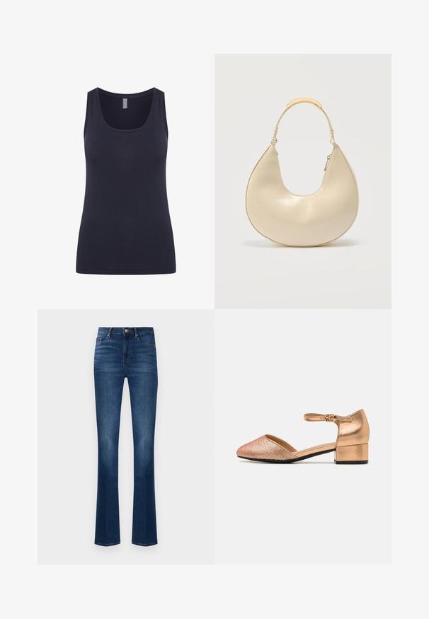 Tirantes de color azul marino con escote redondeado y tirantes anchos, fabricado en tejido suave y elástico. Diseño simple sin patrones ni acentos.; Jeans de mezclilla azul oscuro con un diseño acampanado, que cuentan con una cintura de altura media, bolsillos delanteros y un cierre de botón. Textura suave.; Zapato de tacón color oro rosa con un upper de malla texturizada y un tacón metálico suave; presenta una correa en el tobillo con una hebilla para un ajuste ajustable.; Bolso de mano color crema en forma de media luna con un asa corta que presenta un detalle metálico dorado y cierre lateral con cremallera.