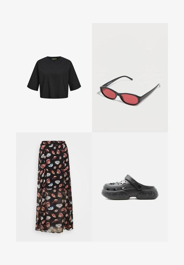 Zwarte katoenen cropped t-shirt met een ronde hals, korte mouwen en een groen labeldetail bij de hals. Glad, zacht textuur.; Maxi rok van zwart doorschijnend materiaal versierd met kleurrijke schelp patronen. Heeft een elastische taille en een gelaagd ontwerp voor extra flow en beweging.; Zwarte slip-on klomp met dikke zool, ventilatiegaatjes, verstelbare hielband en twee zilverkleurige stervormige bedeltjes bovenop.; Zwarte ovale zonnebril met slanke pootjes en rood getinte glazen, rustend op een witte ondergrond.