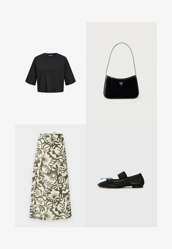 Musta puuvillainen lyhythihainen crop-top, jossa on pyöreä kaula-aukko, lyhyet hihat ja vihreä etiketti kaula-aukossa. Sujuva, pehmeä rakenne.; Pitkä hame, joka on valmistettu kankaasta, jossa on vihreä ja kerma valkoinen kukkakuosi. Hameessa on nyörinauha vyötäröllä ja pehmeä, teksturoitu pinta.; Musta litteä kenkä, jossa on terävä kärki, valmistettu teksturoidusta kankaasta, ja siinä on nauhaaksentti sekä pieni, pyöreä korko. nilkkaremmillä.; Musta kiiltävänahkainen olkalaukku ohuella hihnalla, edessä kolmiomainen Guess-logo ja yläreunassa vetoketjusuljenta.