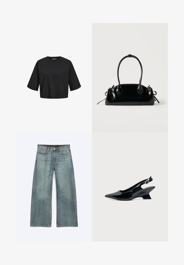Μαύρο βαμβακερό cropped t-shirt με στρογγυλή λαιμόκοψη, κοντά μανίκια και πράσινη λεπτομέρεια στην λαιμόκοψη. Απαλή, λεία υφή.; Μπλε τζιν παντελόνι με φαρδιά μπατζάκια, μπροστινές τσέπες, θηλιές για ζώνη, κλείσιμο με κουμπιά και διακριτικές ξεθωριασμένες λεπτομέρειες στους μηρούς και στα γόνατα.; Μαύρο παπούτσι slingback από πατενταρισμένο δέρμα με μυτερή μύτη και χαμηλό κεκλιμένο τακούνι τύπου block σε απλό φωτεινό φόντο.; Μικρή μαύρη γυαλιστερή τσάντα με δύο μακριές λαβές και λεπτομέρειες με ρυθμιζόμενο κορδόνι στο πλάι σε απλό ανοιχτό φόντο.