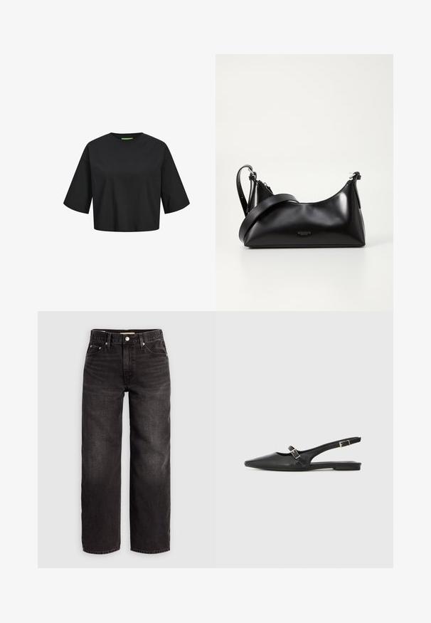 Schwarzes Baumwoll-Crop-Top mit rundem Ausschnitt, kurzen Ärmeln und einem grünen Etikett-Detail am Ausschnitt. Glatte, weiche Textur.; Levi's® BAGGY DAD - Baggy Jeans - shrink up; Schwarze Slingback-Schuhe aus Leder mit spitzer Zehenpartie, schmalem Riemen und silberner Schnallenverzierung an der Seite. Flache Sohle.; Schwarze lederne Handtasche mit glatter Textur. Verfügt über einen verstellbaren Riemen und ein elegantes, minimalistisches Design mit einem Reißverschluss.